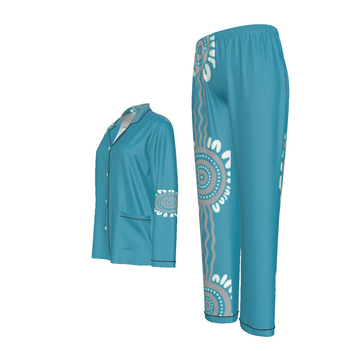 Water Song – Women's Long Pyjama Set (Aqua Aboriginal Design)