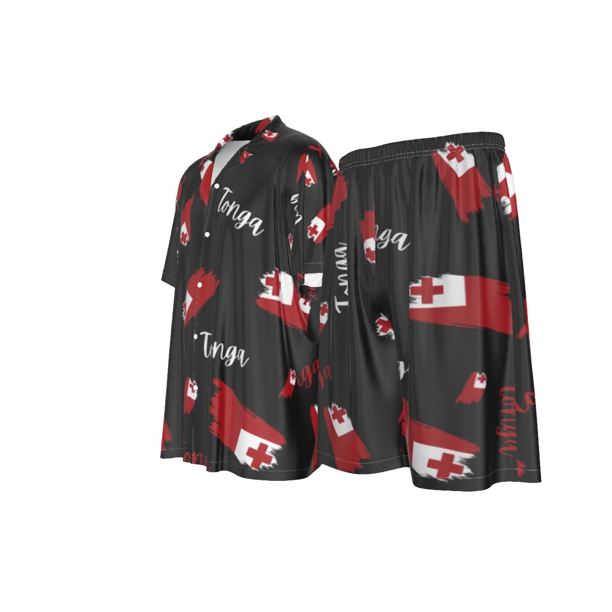 Tonga Flag Men's Silk Two-Piece Short Sleeve Shirt and Shorts Pajama Set