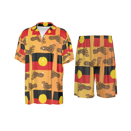 Men’s 2-Piece Silk Pajama Set – Aboriginal Flag & Footprint Design | Short Sleeve