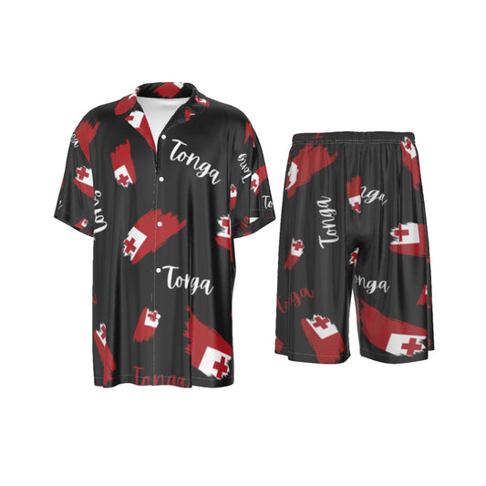 Tonga Flag Men's Silk Two-Piece Short Sleeve Shirt and Shorts Pajama Set