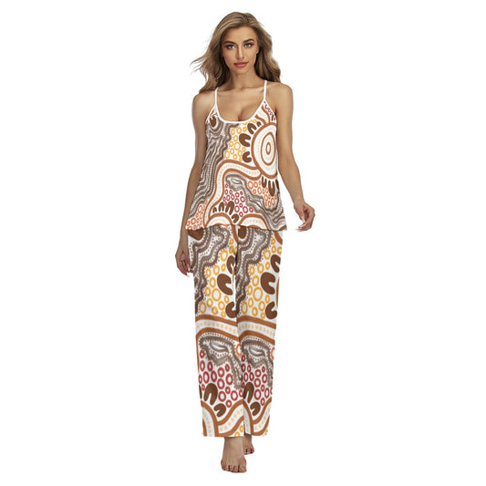 Brown Design 2-Piece Short Sleeve Pajama Set for Women with Long Pants