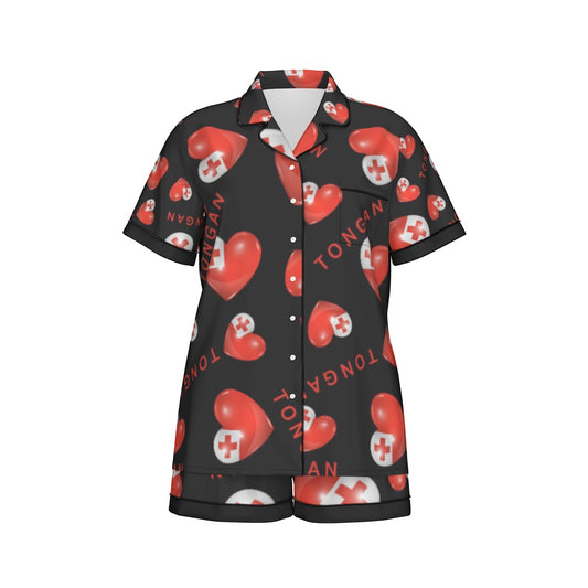 Tongan Heart Flag Women Silk Short Sleeve Pajamas