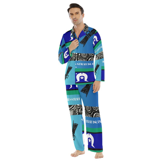 Men’s Torres Strait Island Long Sleeve Silk PJ Set – Lino Print & Flag Design