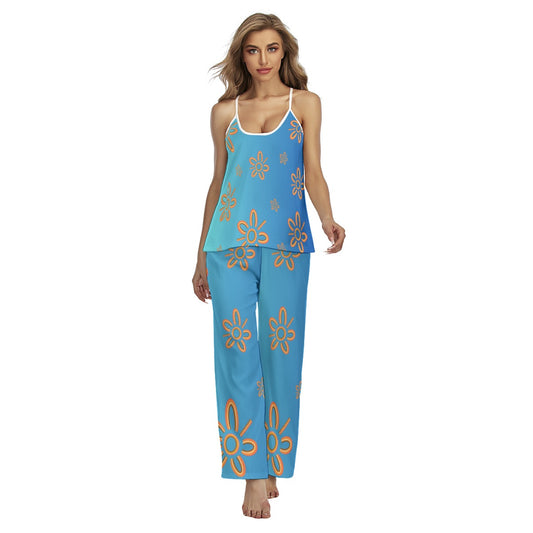 Blue Design 2-Piece Short Sleeve Pajama Set for Women with Long Pants