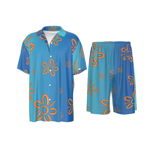 Men's Aboriginal Blue Design Silk Pajamas – Two-Piece Luxury Sleepwear