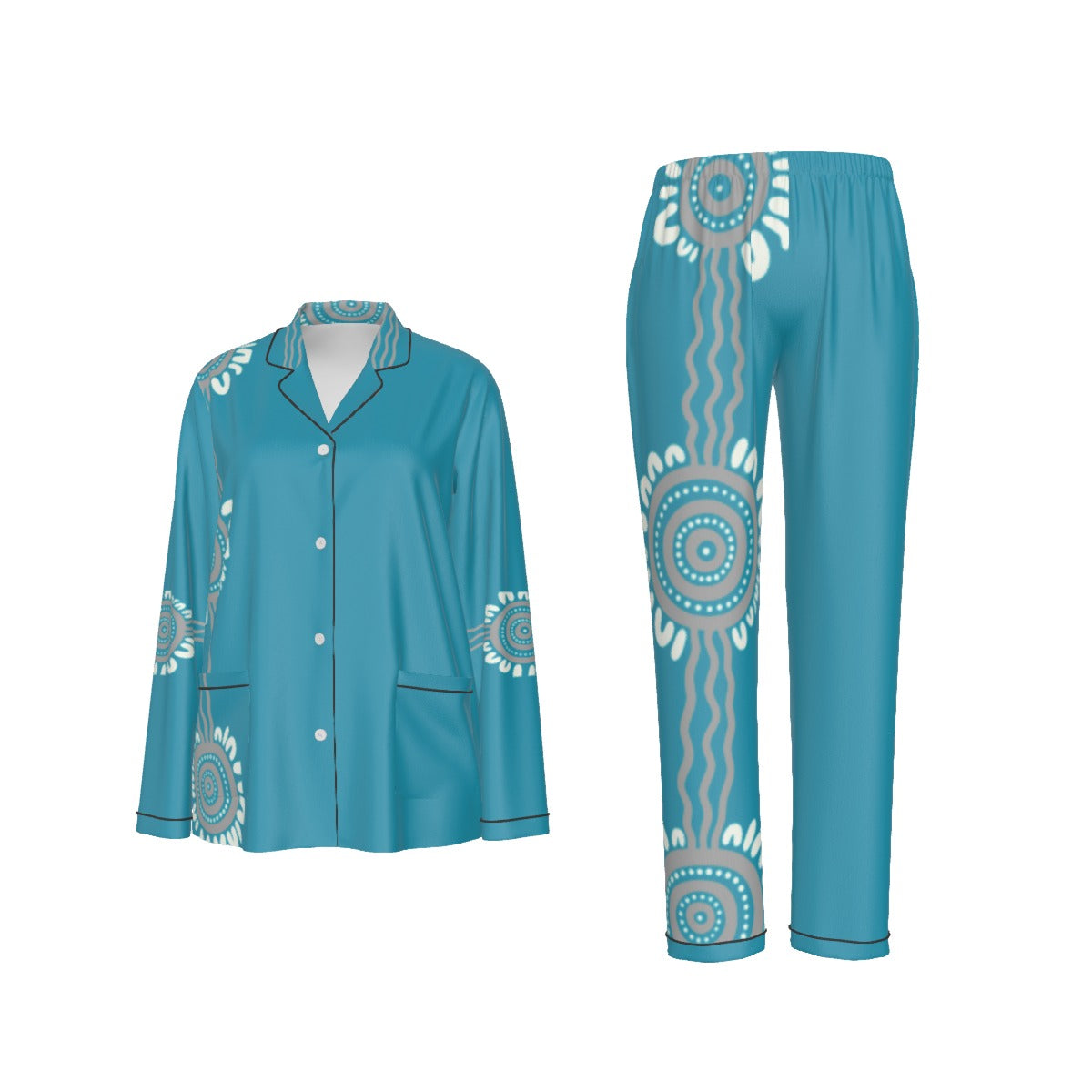 Water Song – Women's Long Pyjama Set (Aqua Aboriginal Design)