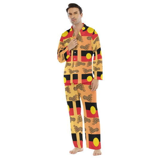 Men’s Aboriginal Flag Long Sleeve Silk PJ Set – Footprint & Cultural Print