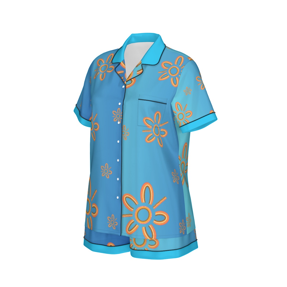 Blue Indigenous Design 2-Piece Silk Pajama Set