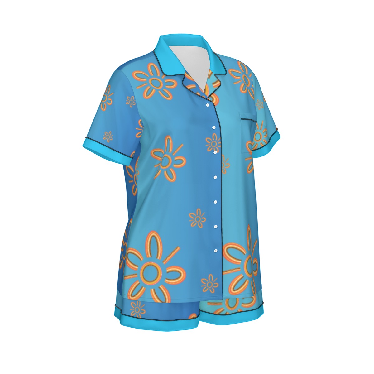 Blue Indigenous Design 2-Piece Silk Pajama Set