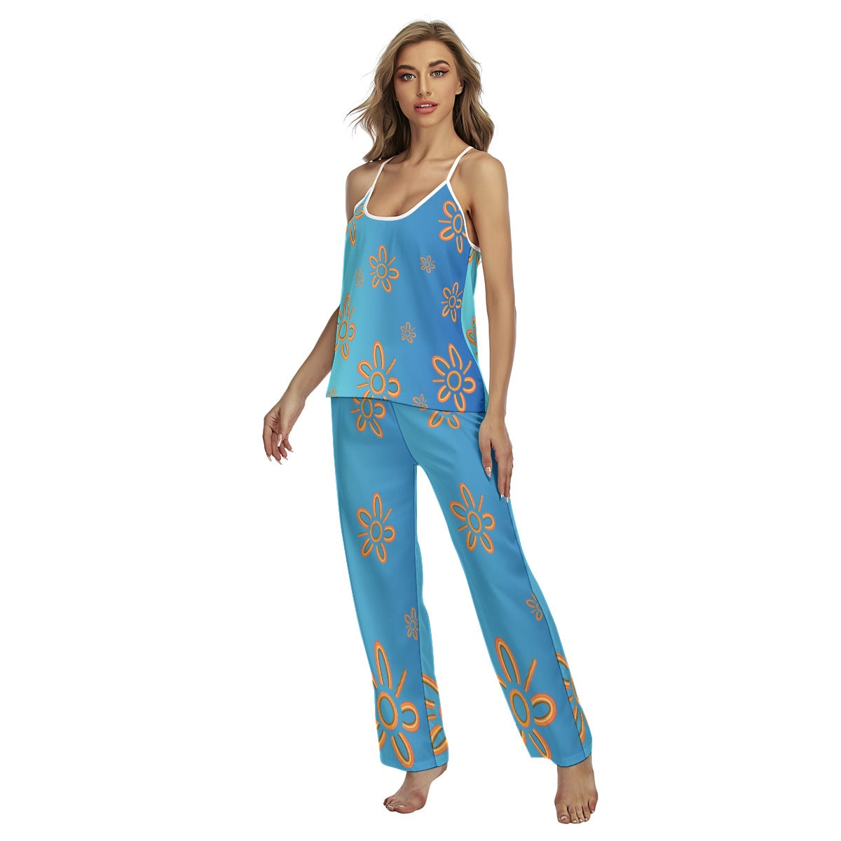 Blue Design 2-Piece Short Sleeve Pajama Set for Women with Long Pants