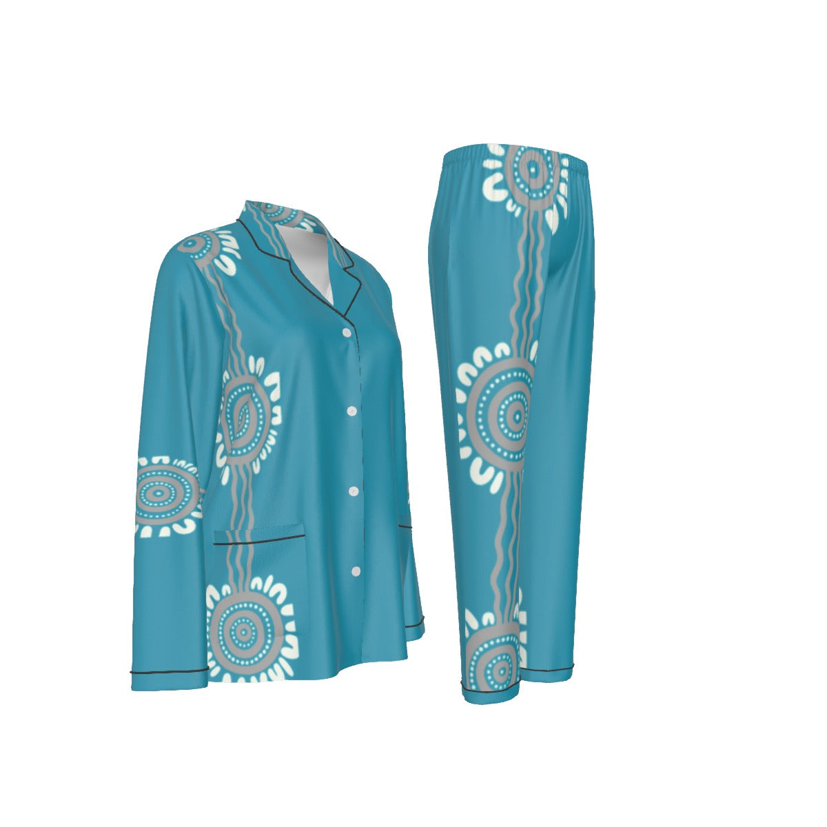 Water Song – Women's Long Pyjama Set (Aqua Aboriginal Design)