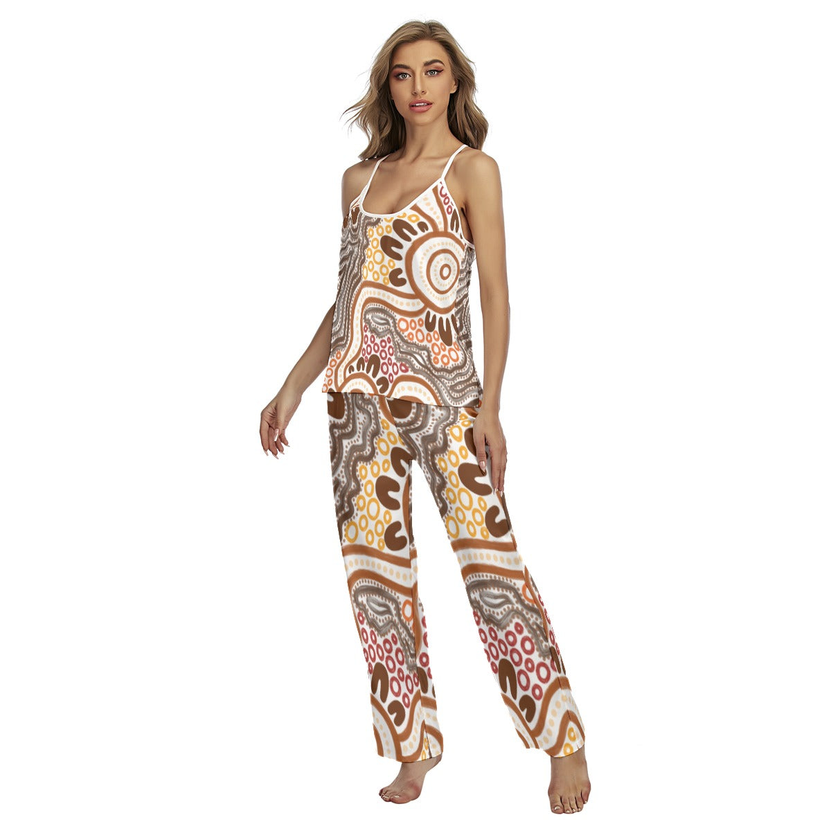 Brown Design 2-Piece Short Sleeve Pajama Set for Women with Long Pants